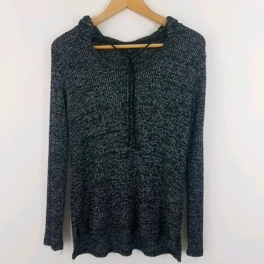 Aeropostale Size S Marled Knit Hooded Tie Sweater Black Gray Split Bottom EUC‎